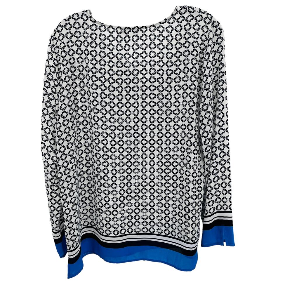 Chaus Navy Blue White Geometric Long Sleeve Solid Border Hem Top Size S NWT - Picture 2 of 9